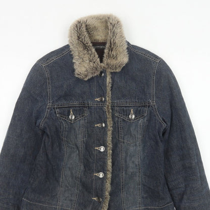 Principles Women Blue Cotton Faux Fur Trim Basic Jacket UK 12 Padded