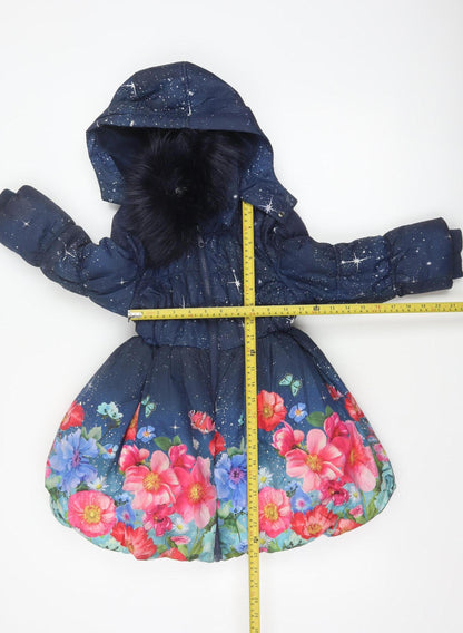 Monsoon Girls Blue 5-6 Years Floral Star Hooded Puffer Coat Faux Fur