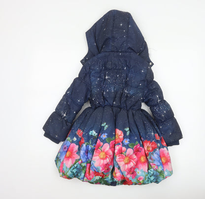 Monsoon Girls Blue 5-6 Years Floral Star Hooded Puffer Coat Faux Fur