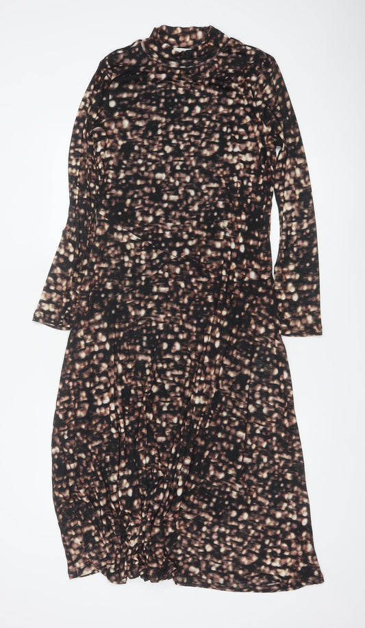 M&S Womens Brown Size 12 Fit & Flare Long High Neck Jersey Dress