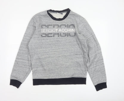 Sergio Tacchini Men's Grey M Logo Graphic Fleece Pullover Sweatshirt