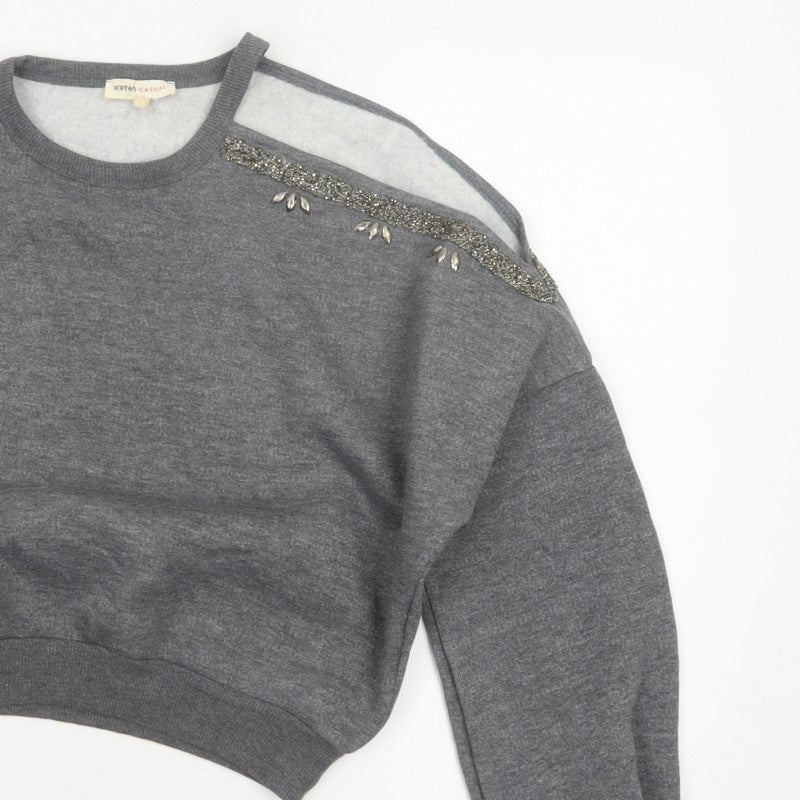 Kotton Casual Women Grey 2XL Beaded Jewel Crew Neck Sweatshirt