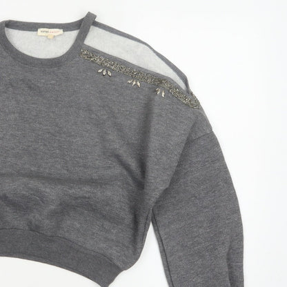Kotton Casual Women Grey 2XL Beaded Jewel Crew Neck Sweatshirt