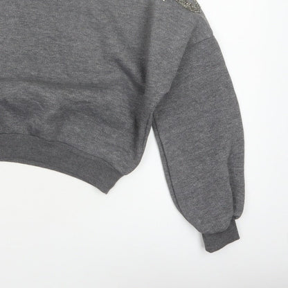 Kotton Casual Women Grey 2XL Beaded Jewel Crew Neck Sweatshirt