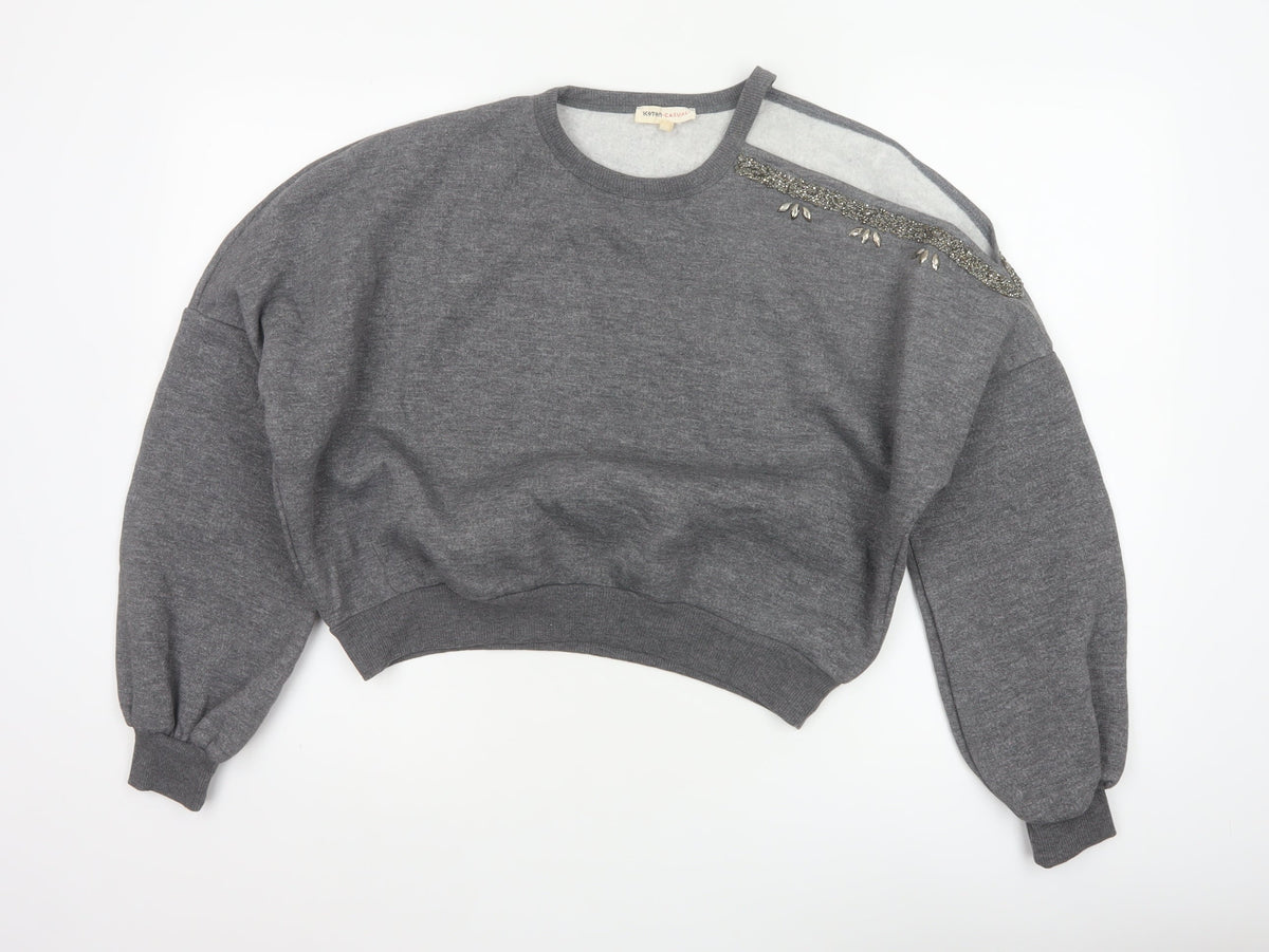 Kotton Casual Women Grey 2XL Beaded Jewel Crew Neck Sweatshirt