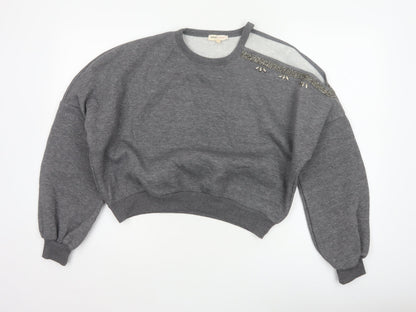 Kotton Casual Women Grey 2XL Beaded Jewel Crew Neck Sweatshirt