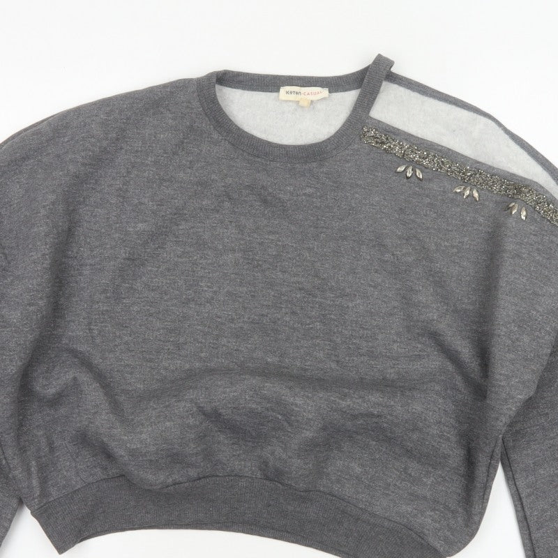 Kotton Casual Women Grey 2XL Beaded Jewel Crew Neck Sweatshirt