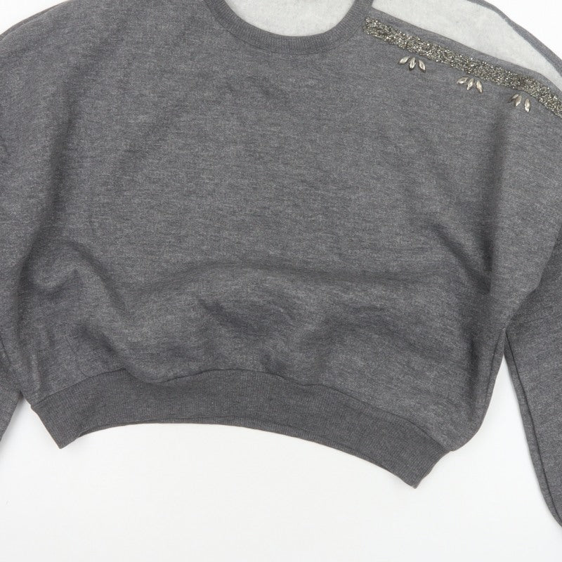 Kotton Casual Women Grey 2XL Beaded Jewel Crew Neck Sweatshirt