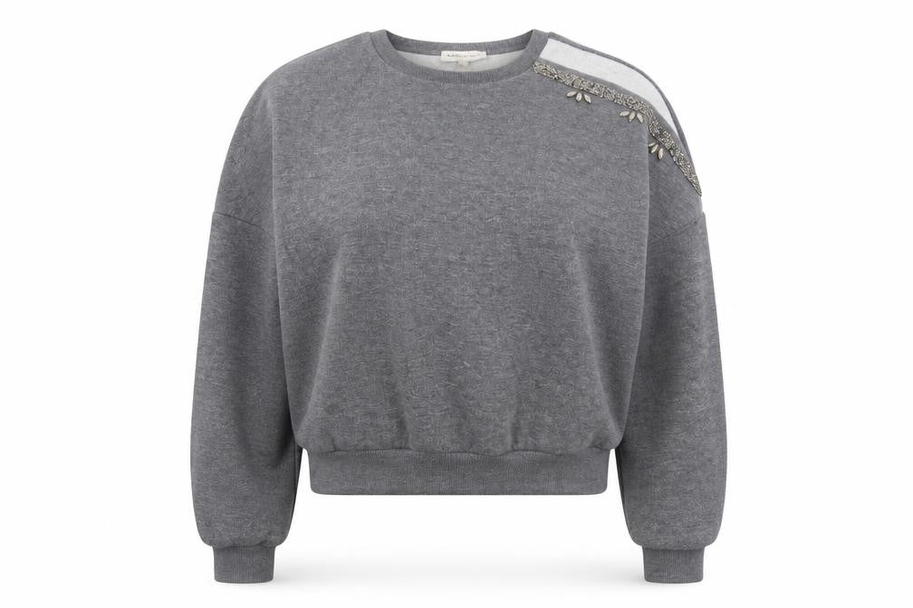 Kotton Casual Women Grey 2XL Beaded Jewel Crew Neck Sweatshirt
