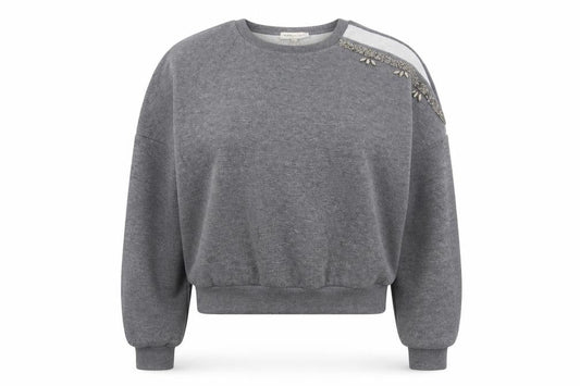 Kotton Casual Women Grey 2XL Beaded Jewel Crew Neck Sweatshirt