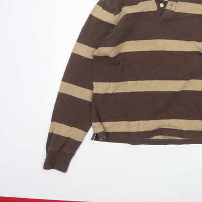GAP Men’s Brown Beige Striped Cotton Long Sleeve Rugby Polo M