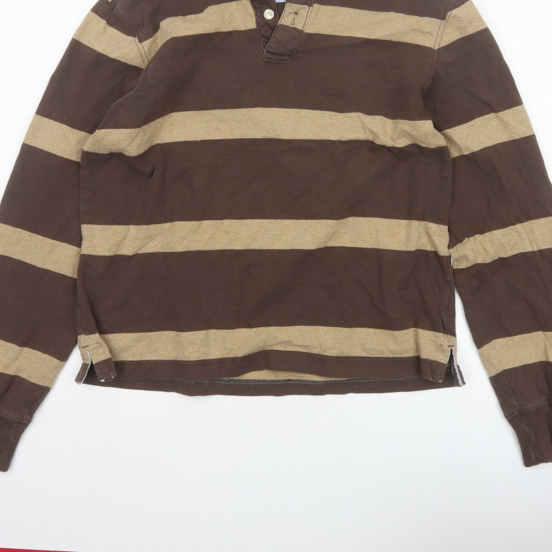GAP Men’s Brown Beige Striped Cotton Long Sleeve Rugby Polo M