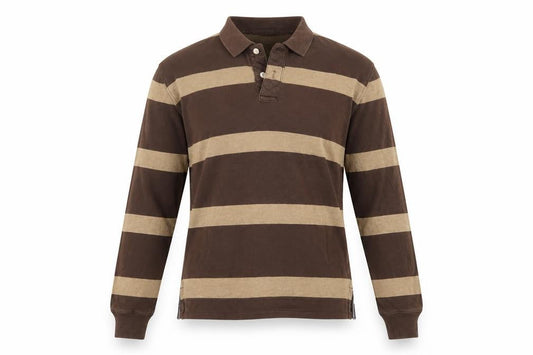 Front view of GAP Men’s Brown Beige Striped Cotton Long Sleeve Rugby Polo M