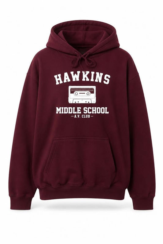 Front view of Club Classic Men's Red L Pullover Hoodie Hawkins Middle School 80s Graphic