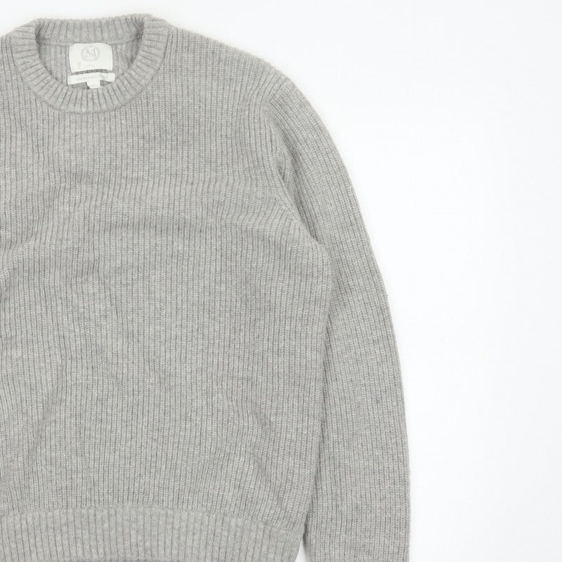 Marks and Spencer Men Grey XL Lambswool Blend Rib Knit Crew Neck Jumper