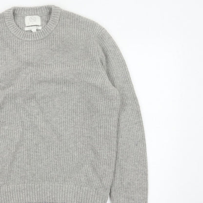 Marks and Spencer Men Grey XL Lambswool Blend Rib Knit Crew Neck Jumper