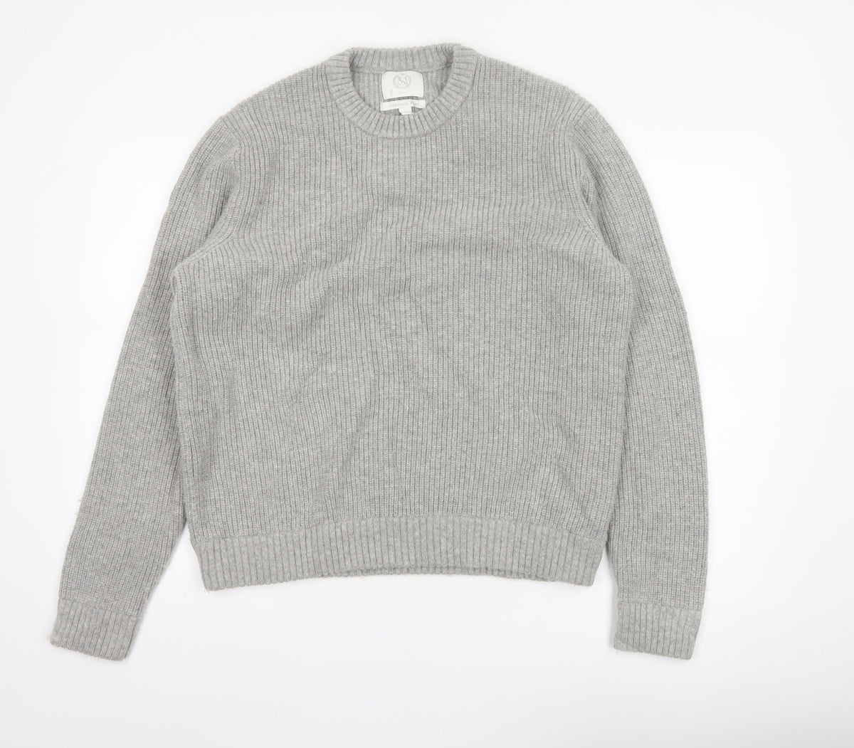 Marks and Spencer Men Grey XL Lambswool Blend Rib Knit Crew Neck Jumper