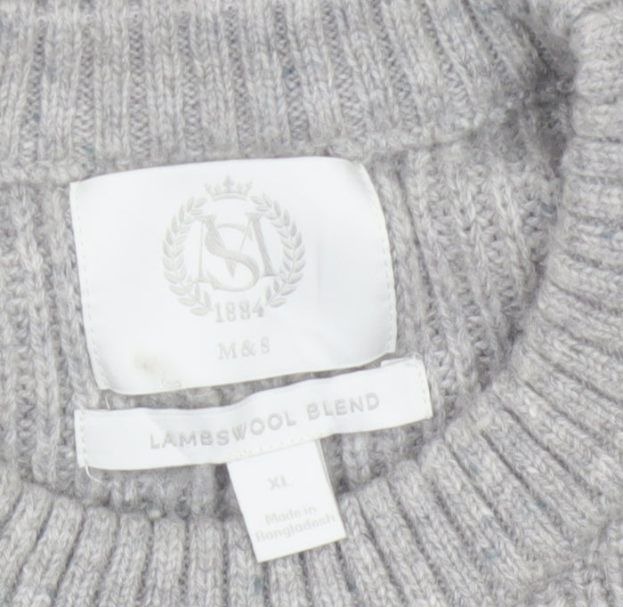 Marks and Spencer Men Grey XL Lambswool Blend Rib Knit Crew Neck Jumper