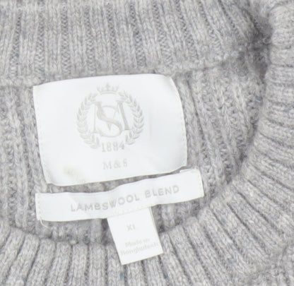 Marks and Spencer Men Grey XL Lambswool Blend Rib Knit Crew Neck Jumper