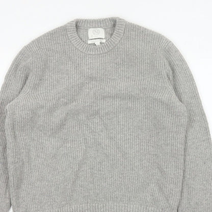 Marks and Spencer Men Grey XL Lambswool Blend Rib Knit Crew Neck Jumper