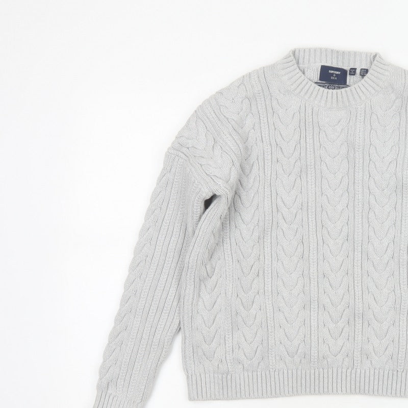 Superdry Women’s Grey UK 8 Cable Knit Cotton Crew Neck Pullover Jumper