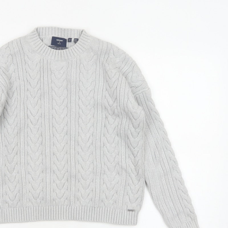 Superdry Women’s Grey UK 8 Cable Knit Cotton Crew Neck Pullover Jumper