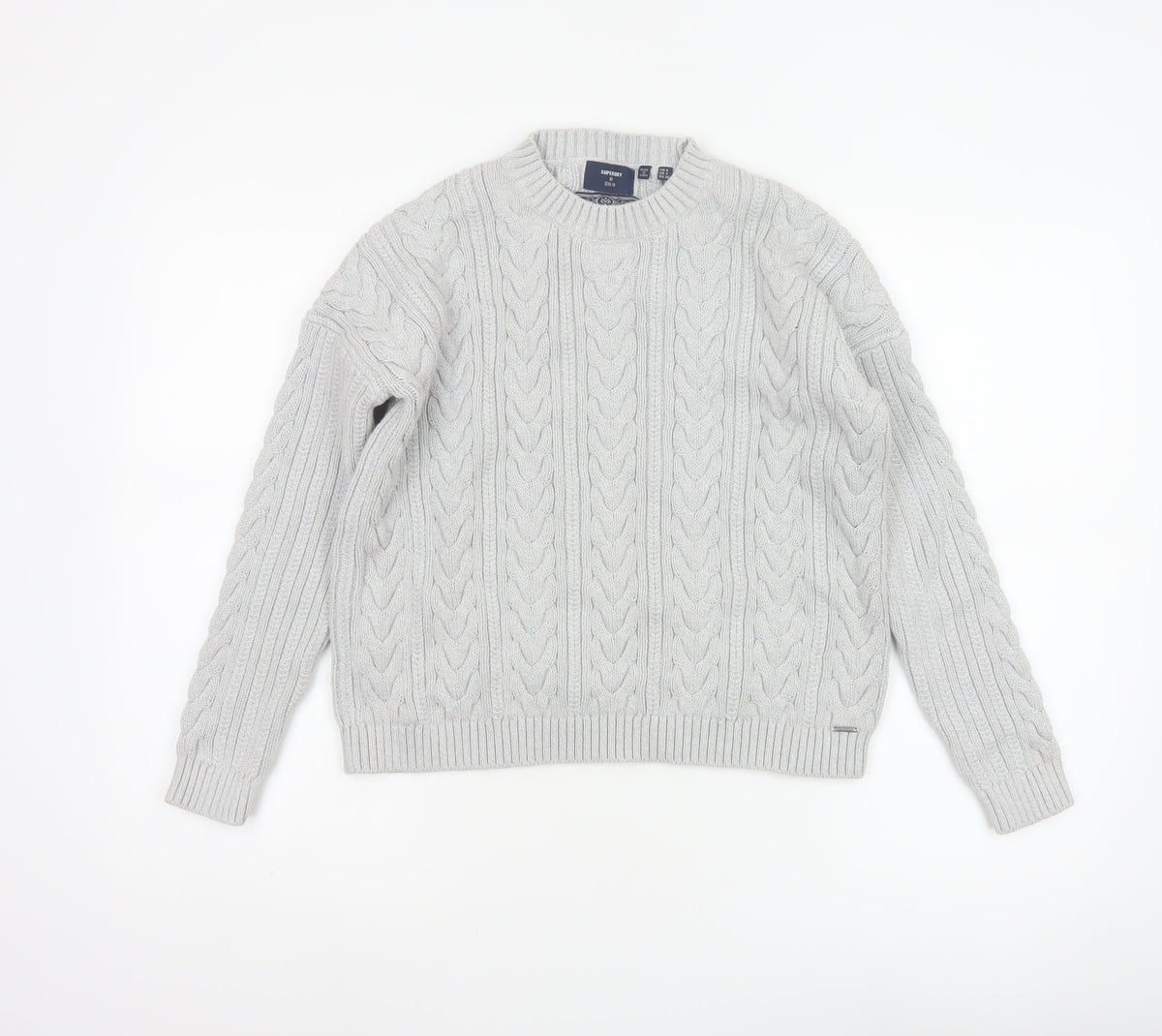 Superdry Women’s Grey UK 8 Cable Knit Cotton Crew Neck Pullover Jumper