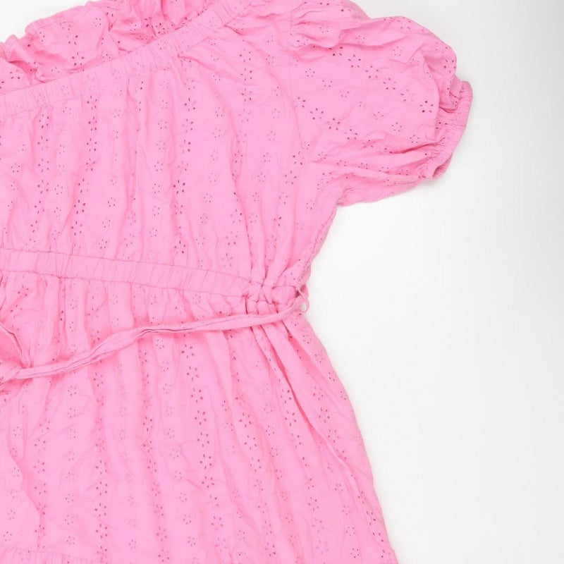 Studio Women Pink UK 16 A-Line Broderie Anglaise Ruffle Dress