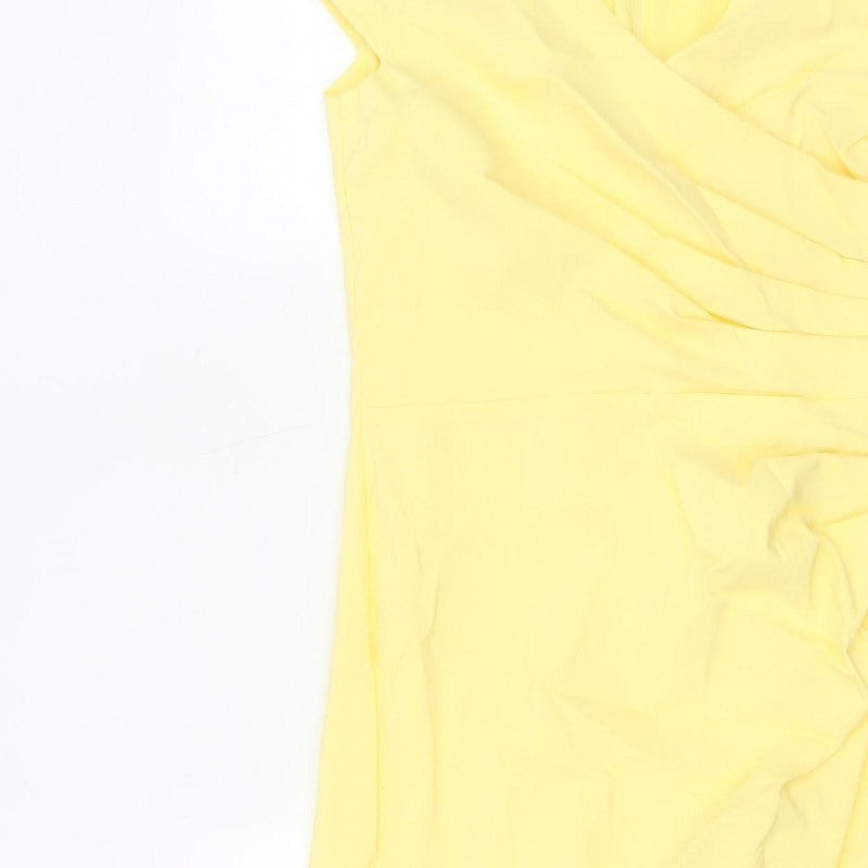 Amy Childs Women Yellow Size 8 Bodycon Midi Ruched V-Neck Dress