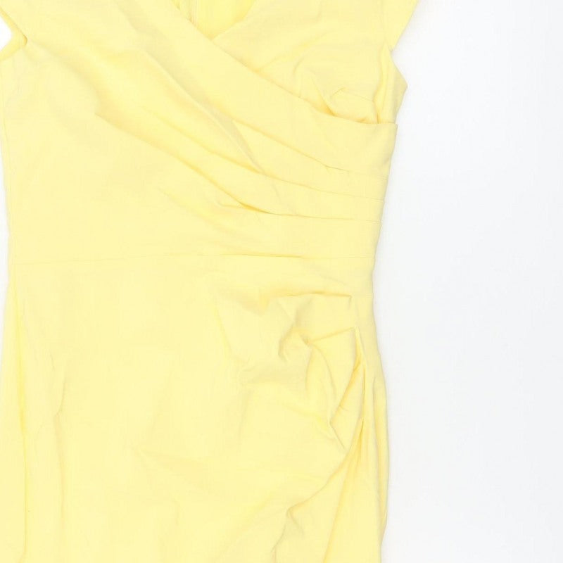 Amy Childs Women Yellow Size 8 Bodycon Midi Ruched V-Neck Dress
