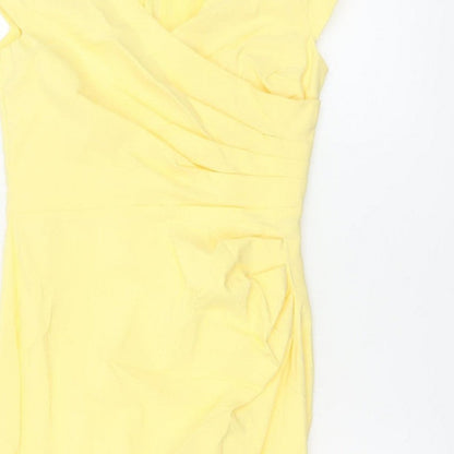 Amy Childs Women Yellow Size 8 Bodycon Midi Ruched V-Neck Dress