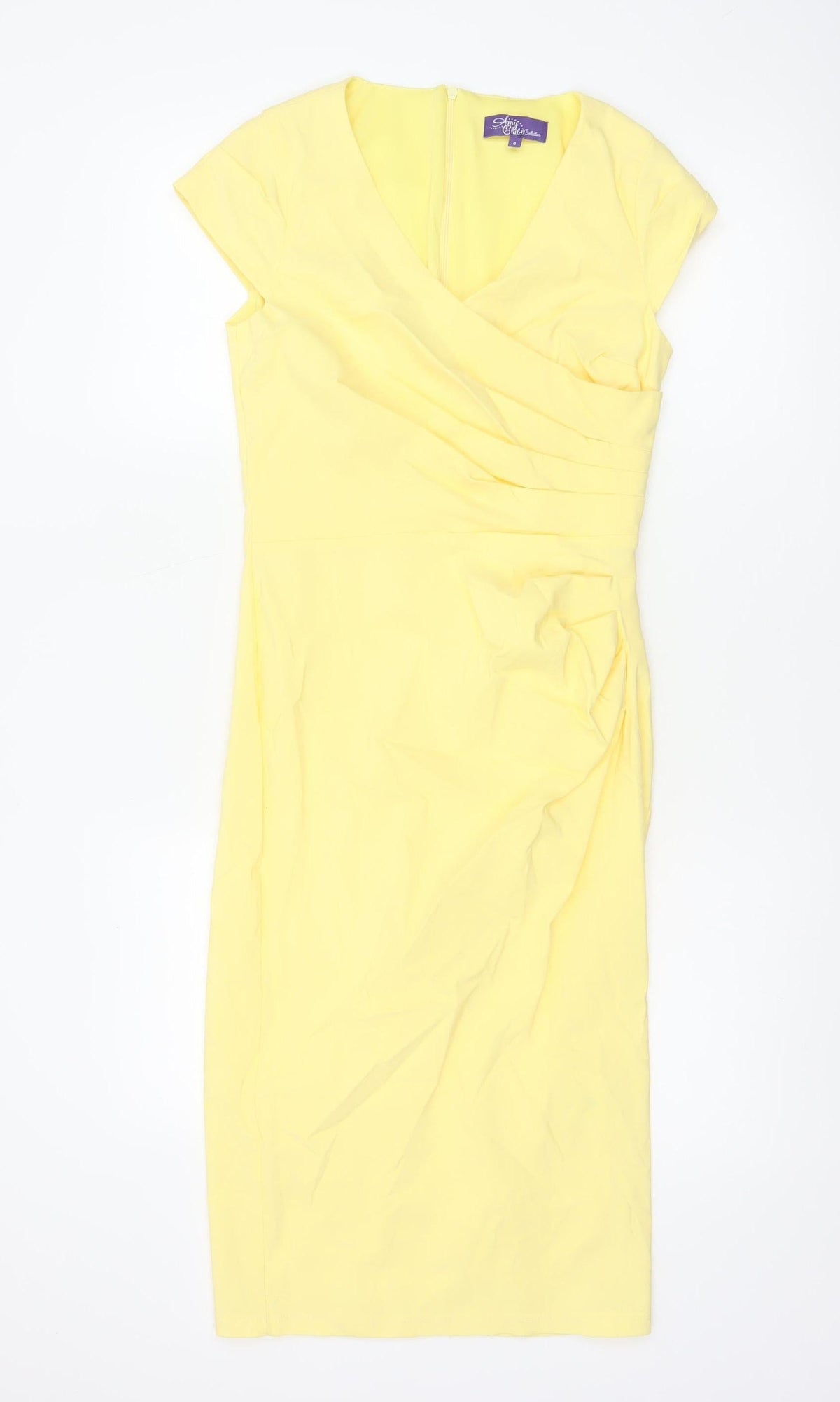 Amy Childs Women Yellow Size 8 Bodycon Midi Ruched V-Neck Dress