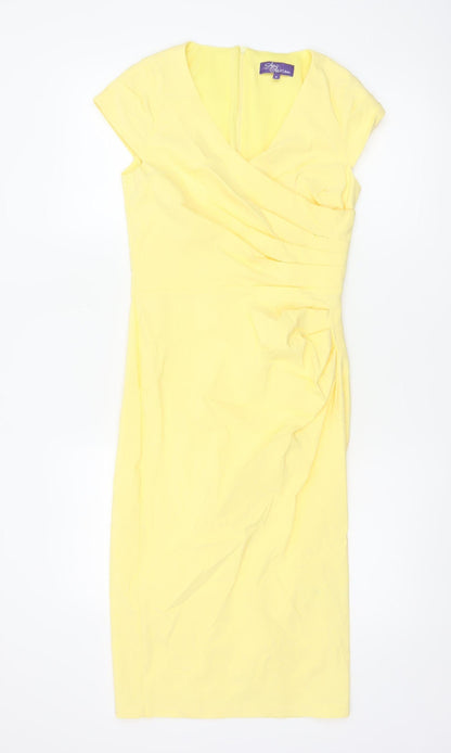 Amy Childs Women Yellow Size 8 Bodycon Midi Ruched V-Neck Dress