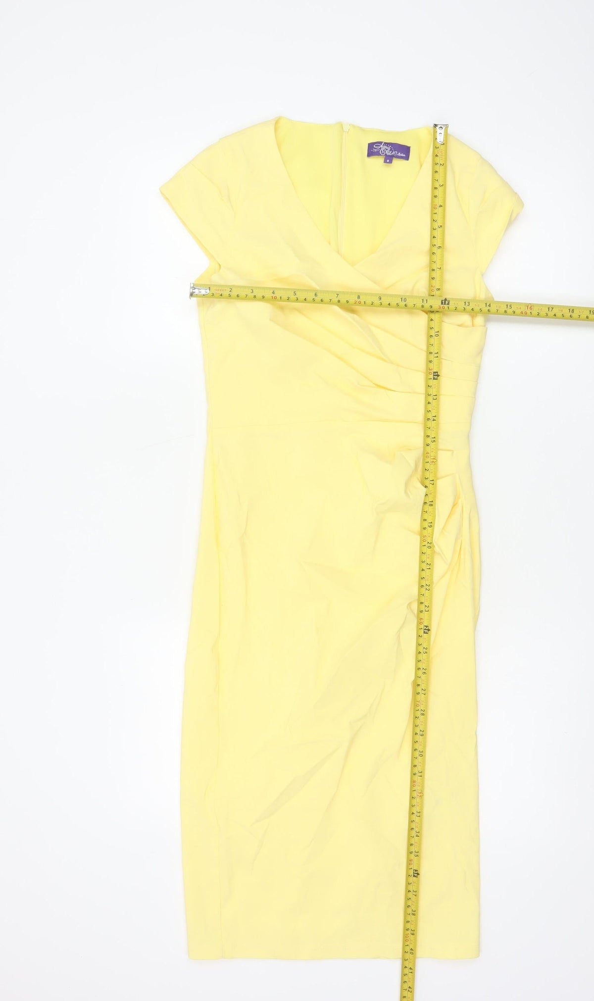 Amy Childs Women Yellow Size 8 Bodycon Midi Ruched V-Neck Dress