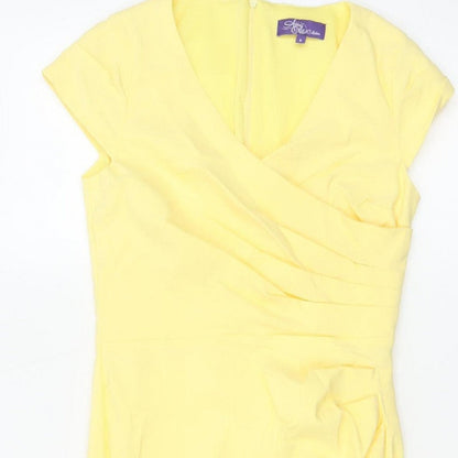 Amy Childs Women Yellow Size 8 Bodycon Midi Ruched V-Neck Dress