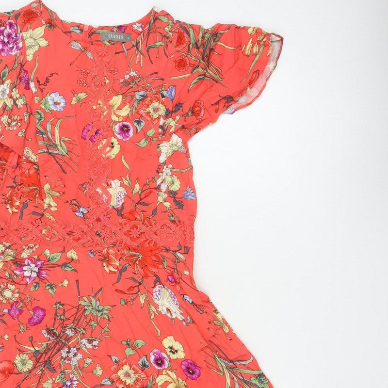 Oasis Women Orange Floral Fit & Flare Knee Length Dress UK 10