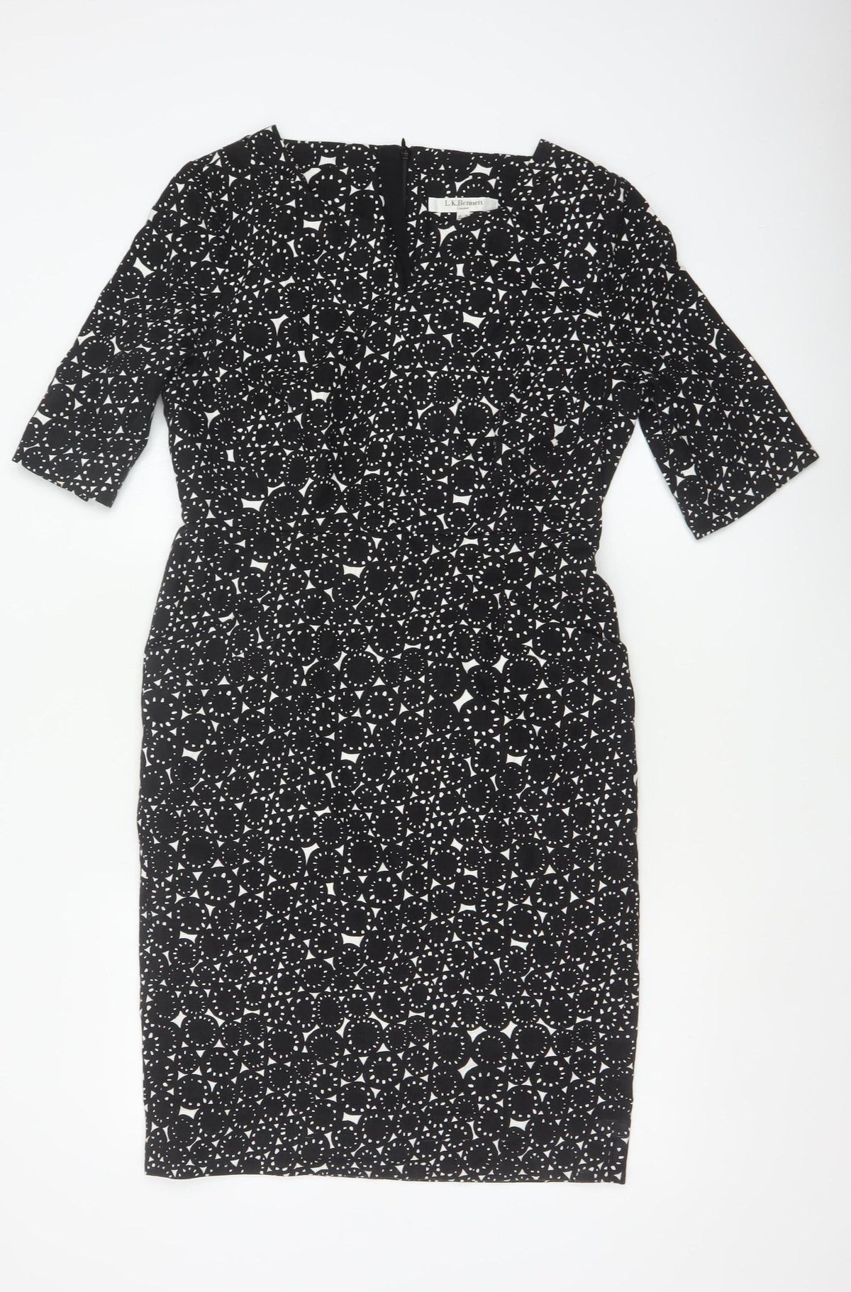 L.K.Bennett Women's Black UK 14 Geometric Print Pencil Knee Dress