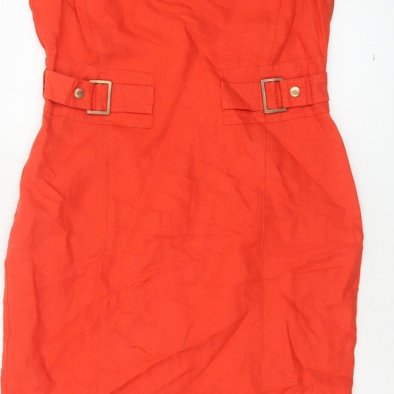 Per Una Women Red Linen Pencil Dress UK 12 Sleeveless Buckle Workwear