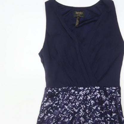 Laundry by Shelli Segal Women Blue UK 6 Petite Sequin V-Neck Sheath Dress
