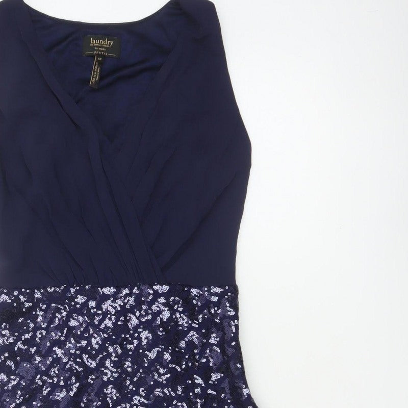 Laundry by Shelli Segal Women Blue UK 6 Petite Sequin V-Neck Sheath Dress