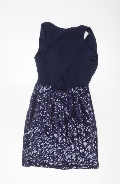 Laundry by Shelli Segal Women Blue UK 6 Petite Sequin V-Neck Sheath Dress
