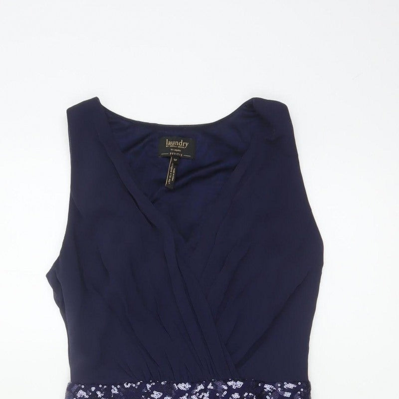 Laundry by Shelli Segal Women Blue UK 6 Petite Sequin V-Neck Sheath Dress