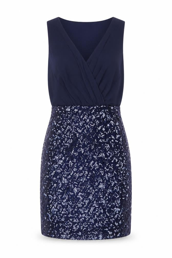Laundry by Shelli Segal Women Blue UK 6 Petite Sequin V-Neck Sheath Dress