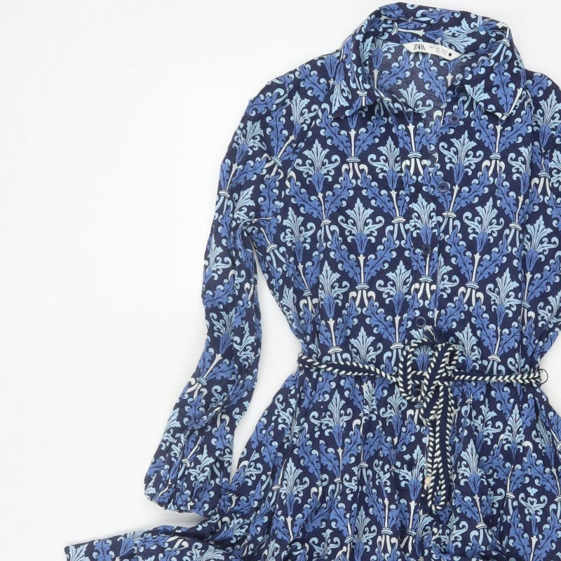 Zara Women Blue UK 8 Cotton Floral Belted Shirt Dress