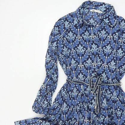 Zara Women Blue UK 8 Cotton Floral Belted Shirt Dress