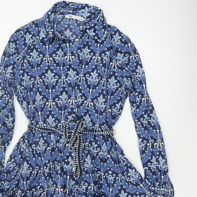 Zara Women Blue UK 8 Cotton Floral Belted Shirt Dress