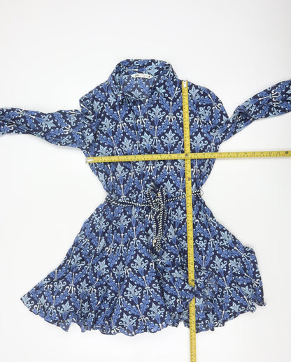 Zara Women Blue UK 8 Cotton Floral Belted Shirt Dress