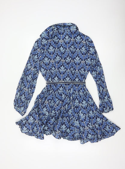 Zara Women Blue UK 8 Cotton Floral Belted Shirt Dress