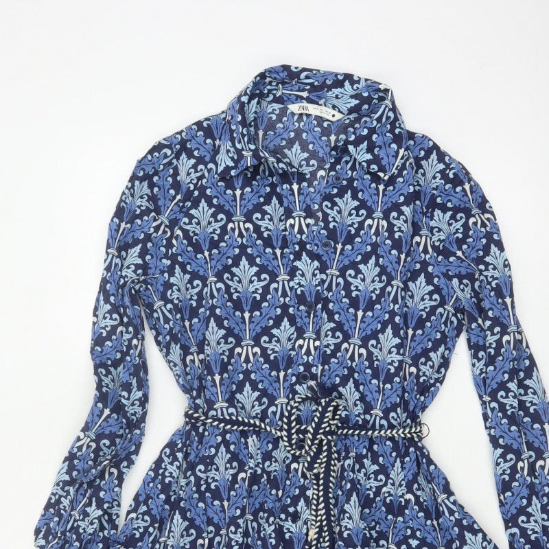 Zara Women Blue UK 8 Cotton Floral Belted Shirt Dress