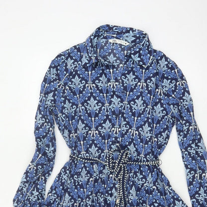 Zara Women Blue UK 8 Cotton Floral Belted Shirt Dress